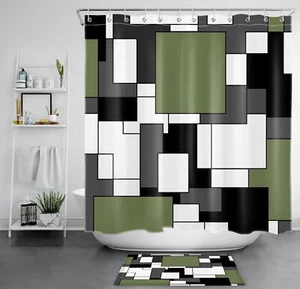 Modern Blue Abstract Geometric Black Shower Curtain Set for Bathroom Decor - Picture 1 of 170