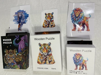 LOT OF 3 Handcrafted Wooden LION & Tigers Jigsaw Puzzle - UNIQUE BRAIN TEASERS - Image 1 of 4