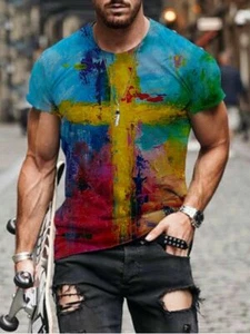 Men's T-Shirt Fashion Cross Graphic Print Short Sleeve Vintage Abstract Soft Tee - Picture 1 of 1