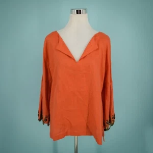 Top Carlisle Talla 16 Naranja Dividido Cuello en V Manga Larga Metal Decoración 100% Lino - Imagen 1 de 7