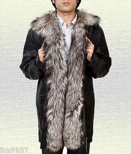 Men Fashion Original  Fox Fur Handmade Sheep LEATHER JACKET Black - Picture 1 of 5