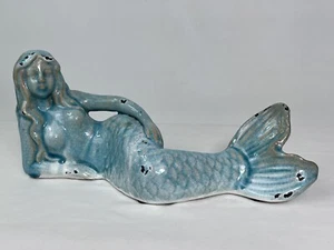 Distressed Turquoise Laying Mermaid Statue Ceramic 13" Nautical Siren Sea Ocean - Picture 1 of 8
