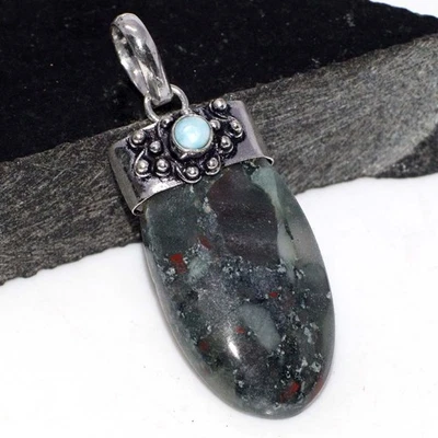 Pingente Larimar folheado a prata 925 declaração boné pedra de sangue africana 2" GW - Imagem 1 de 3