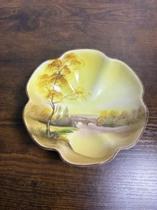 Noritake Hand painted Trinket/ Candy Bowl Footed Japan Bridge Scene - Picture 1 of 5