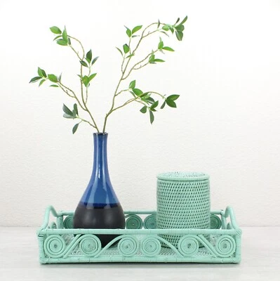 New Swirly Rectangle Large Rattan Tray with Handles-Sage Leaf-17.7" - Image 1 of 3