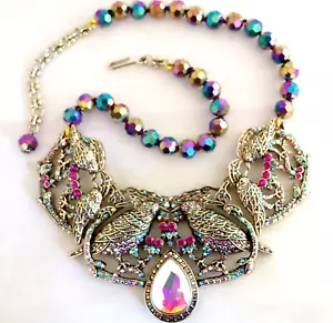 Pretty! DESIGNER STYLE RAINBOW PEACOCK AB CRYSTAL RHINESTONE RAVEN BIRD NECKLACE - Picture 1 of 22