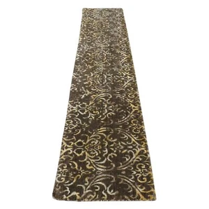 2'x9'10" Brown Hand Knotted Damask Tone on Tone Wool and Silk Runner Rug G87252 - Picture 1 of 7