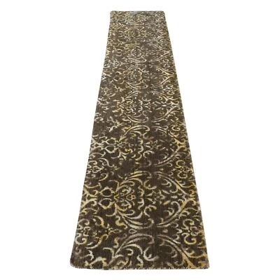 2'x9'10" Brown Hand Knotted Damask Tone on Tone Wool and Silk Runner Rug G87252 - Image 1 of 4
