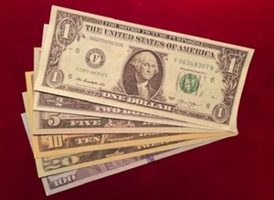 6 verschiedene Stückelungen Spielgeld und 2 100 Dollar Scheine Donald Trump Geld - Bild 1 von 2