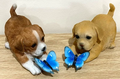 2pcs 21cm Dog Labrador Puppy With Blue Butterfly Garden Ornament Figurine Statue - image 1 of 4
