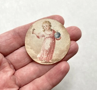 Antique Georgian Pocket Watch Paper Vellum Miniature Painting Baby Jesus 1 5/8” - Image 1 of 4