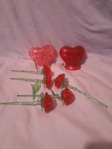 Original 3D Crystal Jigsaw Puzzle Lot of 3 Red Heart, Pink Heart & 5 Roses - Picture 1 of 6