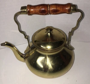 Vintage Decorative Use Only Collectible Brass Finish Tea Kettle With Wood Handle - Picture 1 of 10