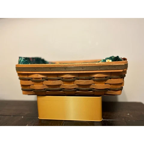 1996 Longaberger Serving Basket Green White Floral Liner Plastic Protector Signe Cover