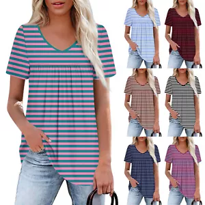 Women's Casual V-Neck Short Sleeve Chest Ruffle Printed Top - Picture 1 of 33
