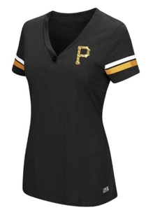 (NEW) Women's Majestic Pittsburgh Pirates Sparkling Fun Button V-Neck T-Shirt - Picture 1 of 2