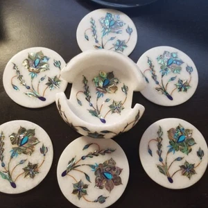 4" Luxury White Marble Coffee Coaster Set Abalone Shell Floral Inlay Dining Dec - Picture 1 of 9
