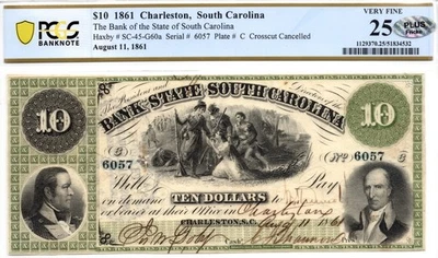 1861 $10 Bank of the State of South Carolina, Charleston Obsolete - PCGS VF25! - Image 1 of 4