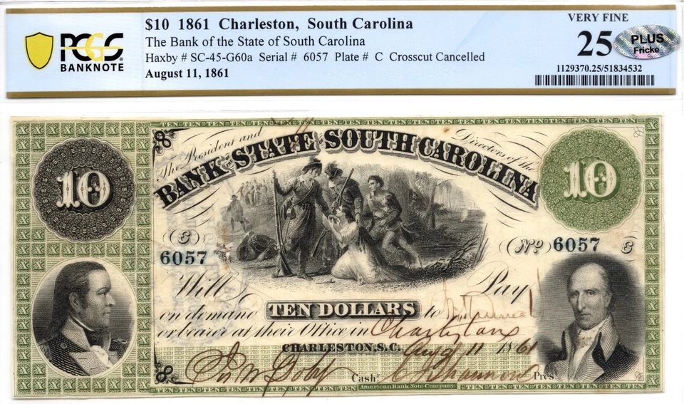 1861 $10 Bank of the State of South Carolina, Charleston Obsolete - PCGS VF25! - Image 1 of 4