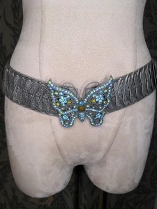Vintage Silver Stretch Butterfly Belt W/ Blue And Green Rhinestones SZ M/L - Picture 1 of 11