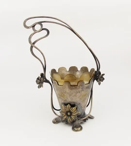 Antique 1900s Art Nouveau Silver Plated Secessionist Basket w Curved Handle - Picture 1 of 6