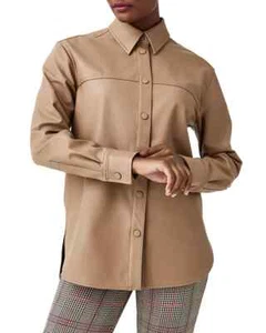 SPANX Long Sleeve Faux Leather Snap Shirt Shacket Jacket Camel Neutral Beige 2X - Picture 1 of 12