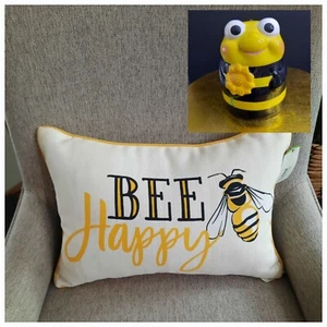 "Bee Happy" White & Yellow Throw Pillow and Bee Coffee Mug - Picture 1 of 19