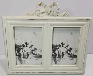 Vintage Y2K WHITE Ornate Double Picture Frame Bow COTTAGE Core Shabby Chic - Picture 1 of 10
