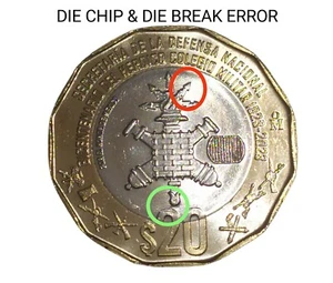 NEW!  $20 pesos coin bicentennial of Mexico’s Military Academy w/ Die Chip error - Picture 1 of 10