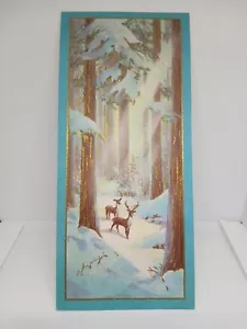 CARTOLINA auguri di Natale cervo blu e oro in legno innevato firmata vintage ambasciata - Foto 1 di 4