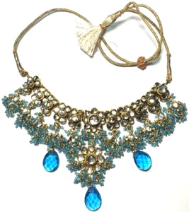 Vintage Jewelry Necklace STUNNING Indian Bib Gold Encased Blue Beaded Floral 48 - Picture 1 of 2