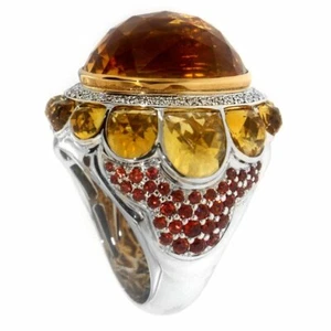 32.80 Citrine Quartz Red Sapphire & Ruby Gemstone Cocktail Bombe 925 Silver Ring - Picture 1 of 6