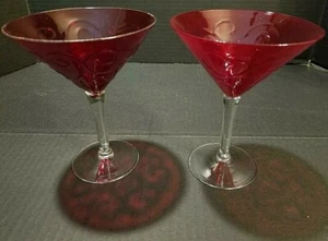 2er Set rote Martini Sekt Sherbet Gläser mit geprägter Schnörkel auf Schale - Bild 1 von 12