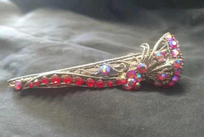 Заколка для волос аллигатора бабочка цветок красные и радужные стеклянные камни - Изображение 1 из 4