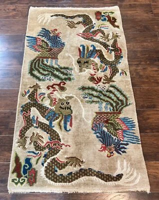 Antique Chinese Peking Rug 3 x 5.6 Dragon Motifs Handmade Wool Asian Oriental - Image 1 of 4