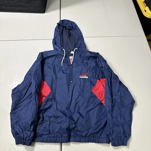 Giacca a vento uomo vintage Diadora nylon blu/rosso tasche grande 1/4 zip - Foto 1 di 1