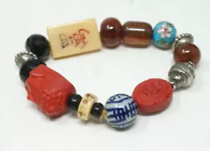 Bracciale Vintage Asiatico Rosso Cinabro Ceramica Legno Conchiglia Pietra Cloisonné Perline - Foto 1 di 6