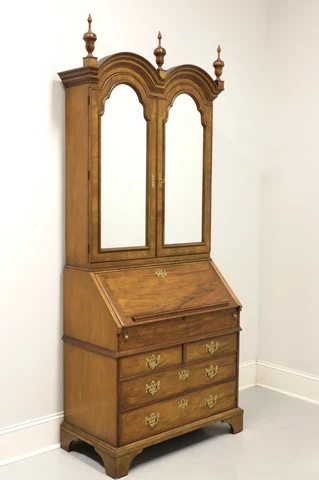 BAKER Georgian Walnut Bonnet Top Secretary Desk with Mirrored Blind Bookcase Cover