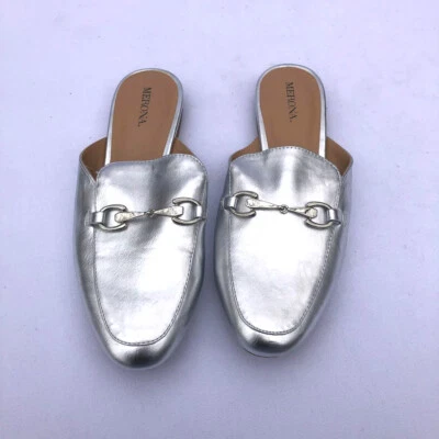NWB Merona Silver metallic leather flat horse bit slip on mule loafer size 7.5M - Image 1 of 4