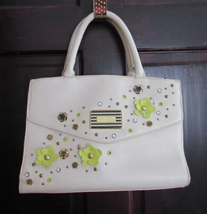 Vintage Leather Betsey Johnson Stripes w Metal & Leather Flowers & Crystals - Picture 1 of 7