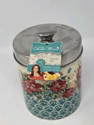 NEW The Pioneer Woman Vintage Floral Pet Treat Jar Canister & Lid Metal NWT - Image 1 of 4