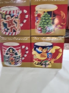 Set Of 4 Tis The Season Ceramic Holiday Mugs - Sealed Christmas Coffees Cup - Picture 1 of 5