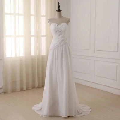 Sweetheart Pleats Wedding Dresses Appliqued Beaded Sequin Chiffon Bride Gowns - Image 1 of 4