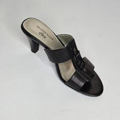 Anne Klein iFlex Zita Black Leather Comfort Strap Mule Heel Sandal Shoes Sz 7 - Image 1 of 4