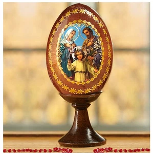 HOLY FAMILY Russian Wooden Icon Egg With Stand 4 inch, Christmas Decoration Gift - Picture 1 of 2