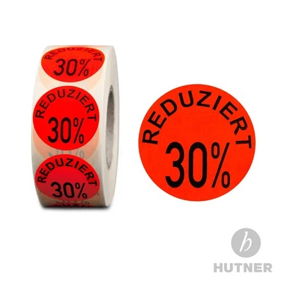 HUTNER Aktionsetiketten Reduziert 30 % Prozent 32mm permanent Aufkleber Rolle Etiketten