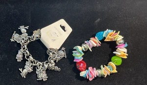 H416~ 2 Bracelets - Shell Bead & Silver Stretch & Chain Featuring Owl Charms - Picture 1 of 5