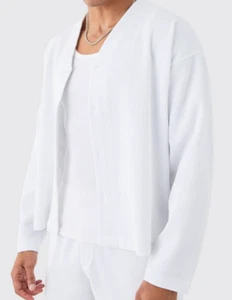 Boohoo Man White Pleated Long Sleeve Collarless Boxy Shirt Size Large NWT - Picture 1 of 4