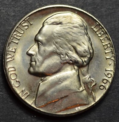 1966 P UNCIRCULATED JEFFERSON NICKEL FROM A SEALED BANK ROLL BUSINESS STRIKE #16 - Image 1 of 2