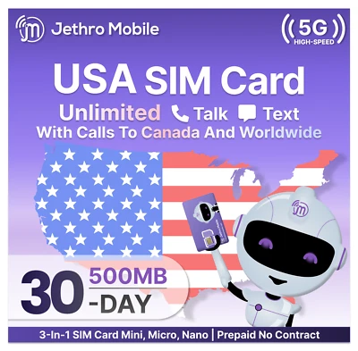 USA SIM Card – 500 MB, 30 Days – T-Mobile and Verizon – JethroMobile - Image 1 of 4
